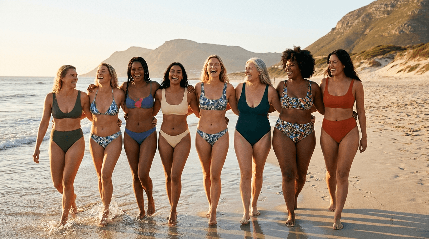 A high-quality, professional hero banner for a custom swimwear brand.